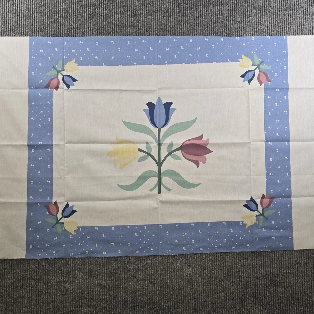 Vintage Cheater Quilt Fabric Panel Tulip Floral Cotton Quilt Blue Border Pastel